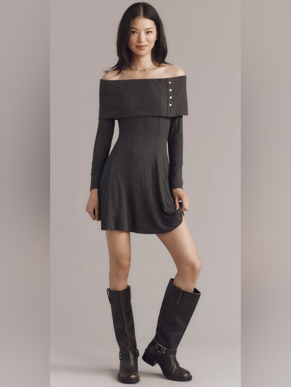 Anthropologie Off-the-Shoulder Ribbed Knit Mini Dress in Charcoal Size 2X